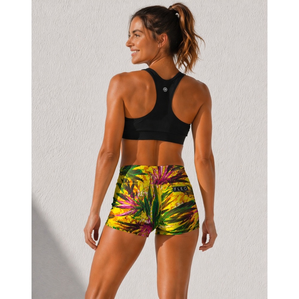 FLEO Womens Tropical Athletic Yoga Gym Workout Crossfit Booty Bike Shorts Large